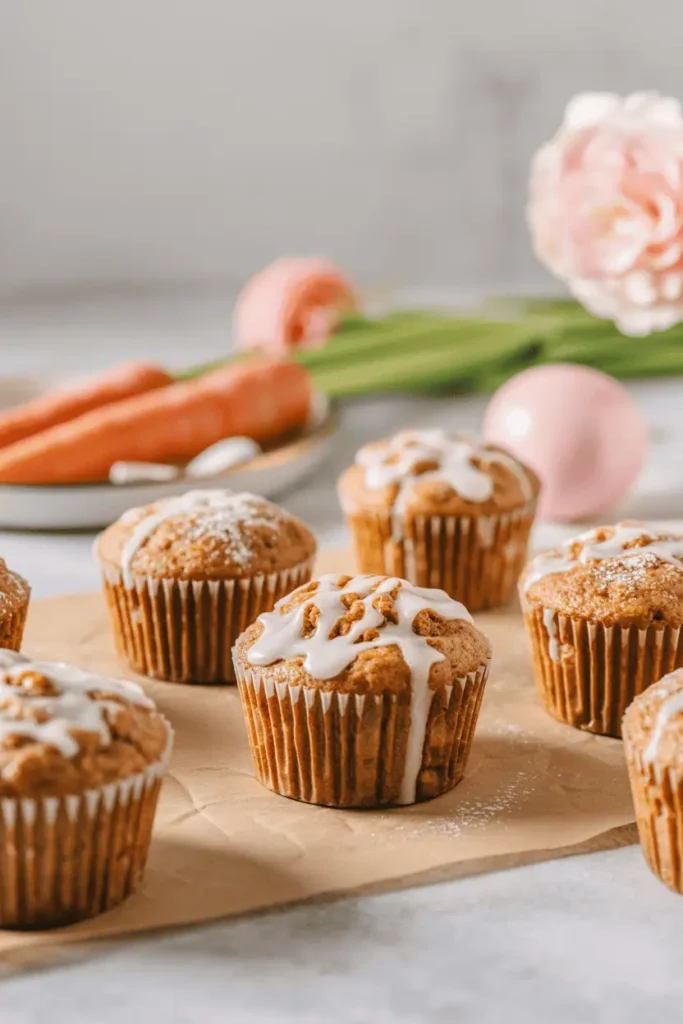 “mini carrot cake muffins with light powdered sugar or glaze, spring easter vibe, neutral background, bright natural daylight, professional food photography, photorealistic, no text, vertical 2:3”