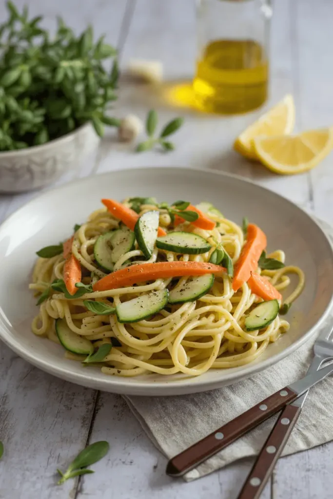 “olive oil pasta with mixed spring vegetables, simple light sauce, bright natural light, rustic clean presentation, professional food photography, photorealistic, no text, vertical 2:3”