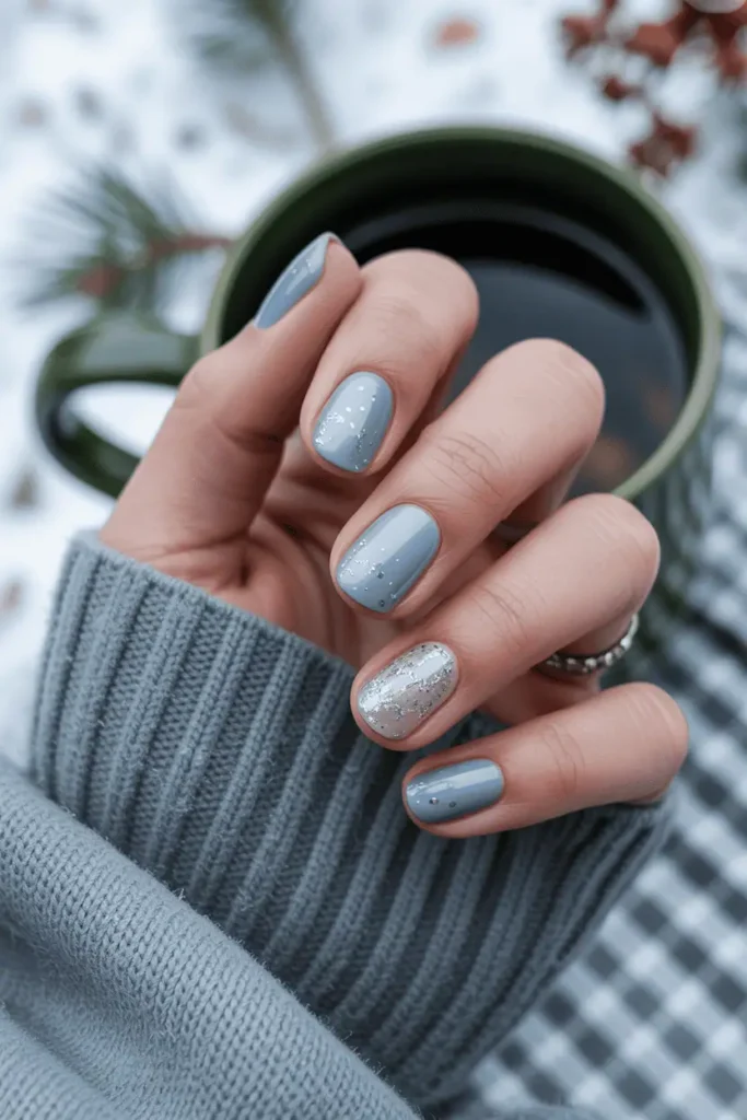 Pale blue nails with fine silver glitter overlay, winter frosty background, close-up of hands.
Pinterest hero photo, cool daylight, subtle sparkle, props: snow, mug, knit gloves.