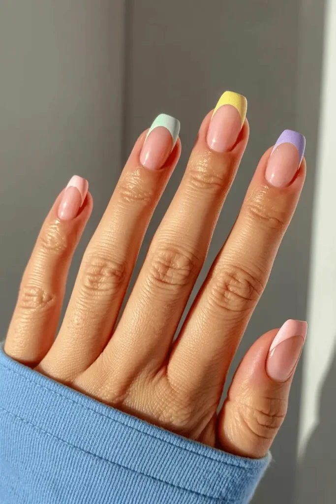 pastel french tip nails with different pastel colors on each nail, nude base, clean modern french manicure, short nails, spring aesthetic, natural daylight, editorial nail photography, pinterest vertical 2:3 ratio, no text