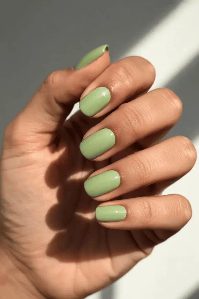 pistachio green pastel nails with matte or soft gloss finish, realistic hands, natural sunlight, neutral spring-toned background, clean aesthetic