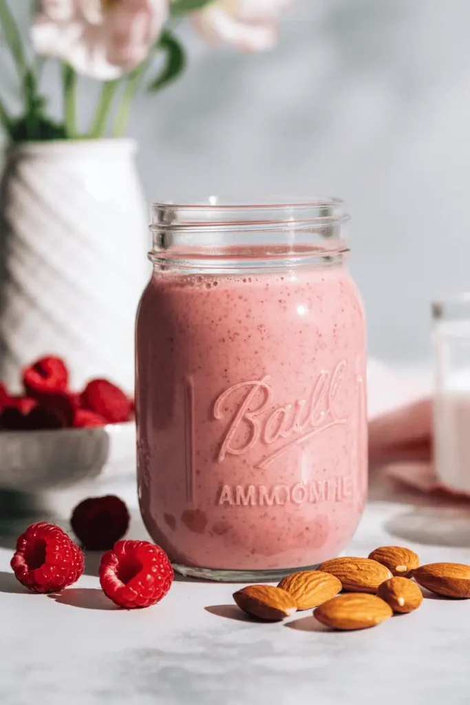 “raspberry almond smoothie in glass jar, soft pink color, raspberries and almonds beside glass, bright natural light, calm spring vibe, professional food photography, photorealistic, no text, vertical 2:3”