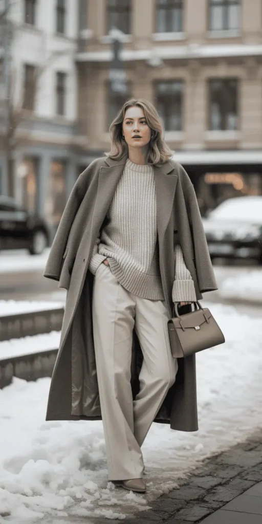 Grey Wool Coat Over All-Cream Layers