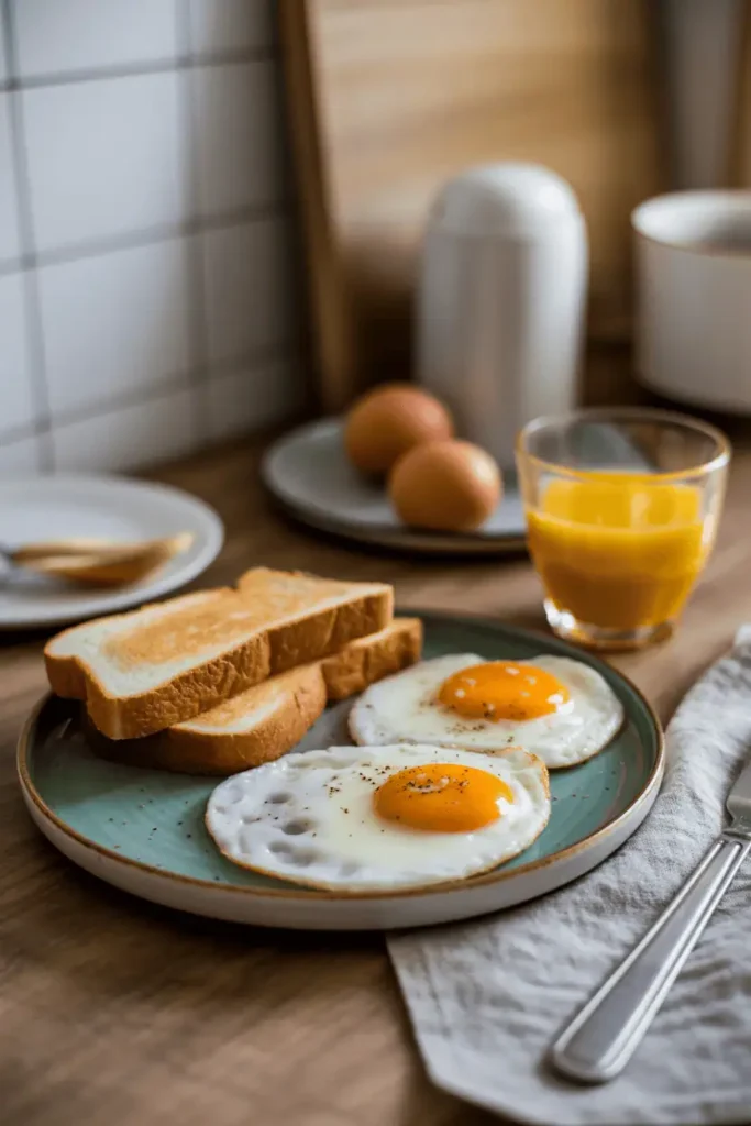“simple breakfast plate with eggs and toast, minimal styling, fresh morning light, calm home kitchen vibe, photorealistic, no text, vertical 2:3”