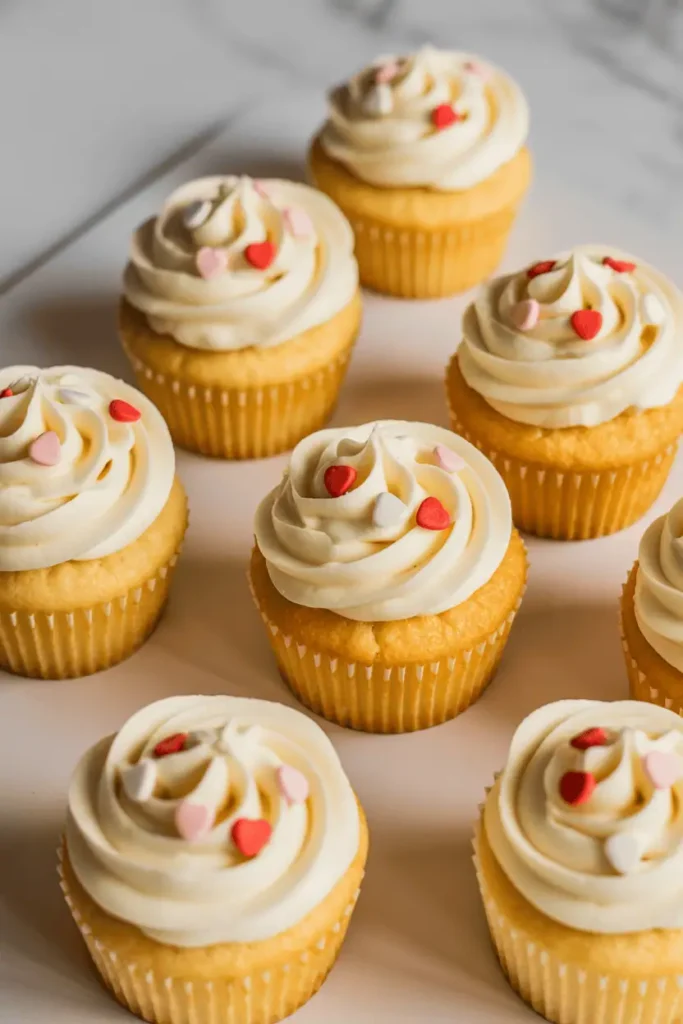 “simple cupcakes with vanilla frosting and light valentine sprinkles, clean color palette pink red white, minimal styling, natural light, realistic homemade baking look, no text, vertical 2:3”