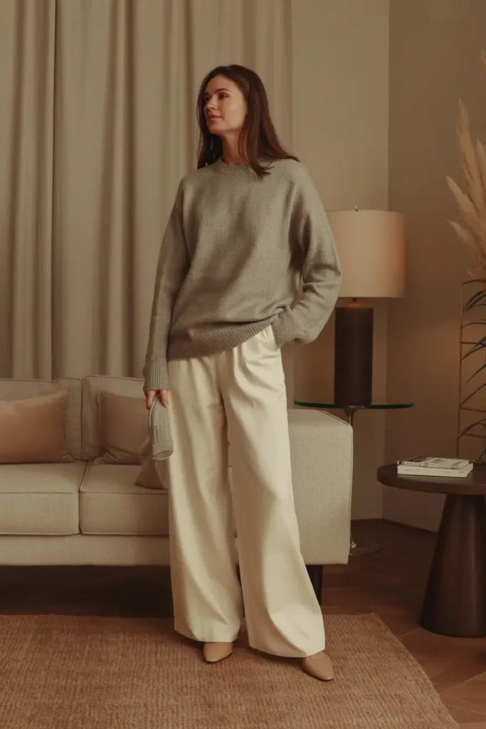 A gray cashmere sweater styled with cream wide-leg pants and neutral accessories in warm natural lighting.