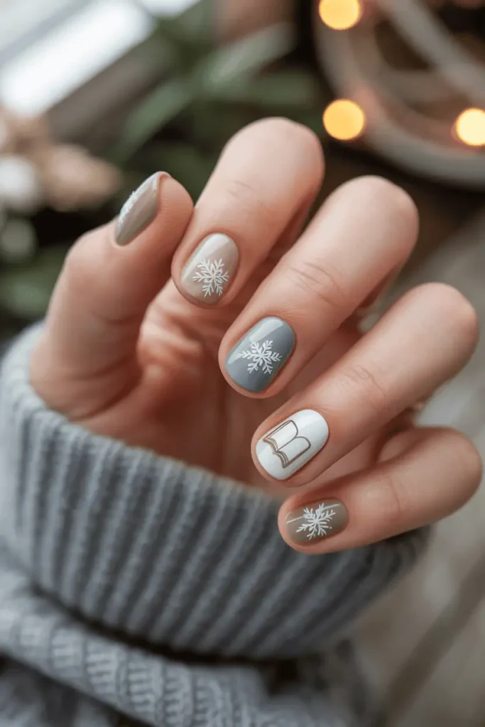 soft grey, muted nude, and winter-white nails with delicate snowflakes or book motifs, vintage cozy cottage background, natural warm lighting, realistic hands