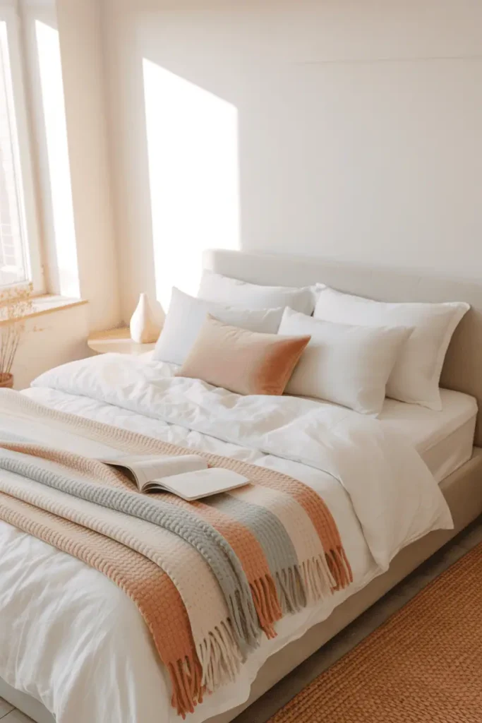 “spring bedroom with crisp white bedding, pastel throw blanket, soft pillows, bright morning light, fresh minimal decor, warm and airy mood, realistic interior photography, no text, 2:3 vertical”