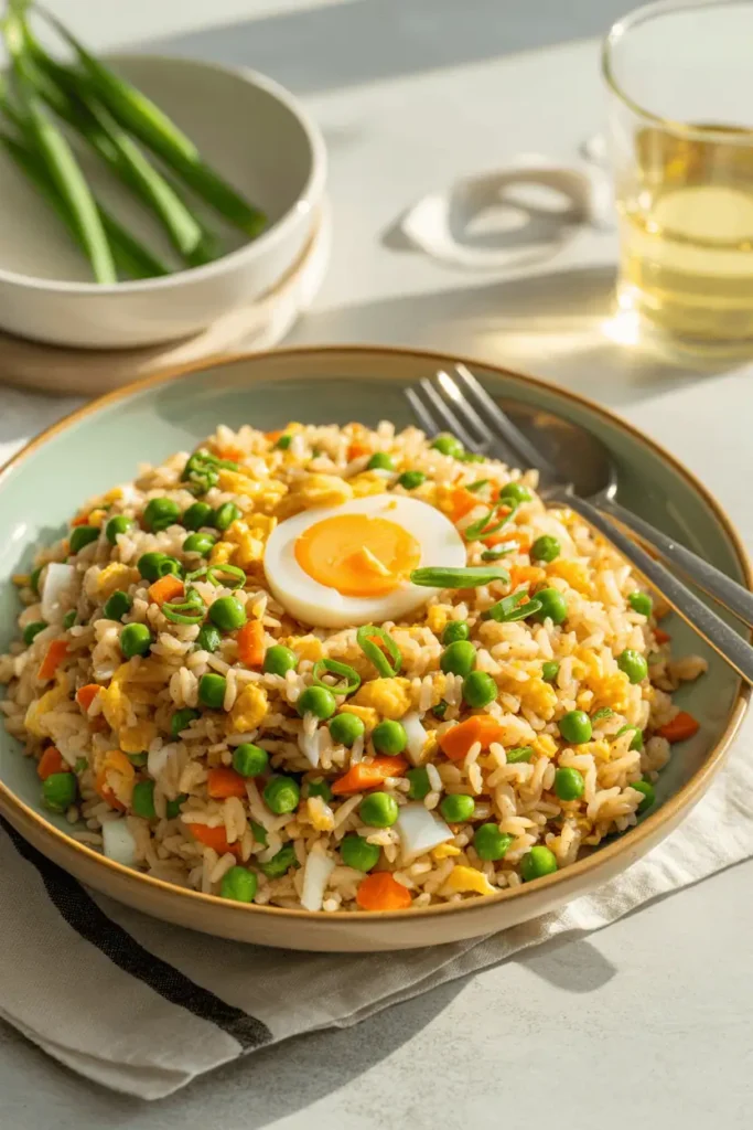 “spring vegetable fried rice with peas carrots green onions and egg, light oil, served in bowl, bright midday light, clean home lunch vibe, professional food photography, photorealistic, no text, vertical 2:3”