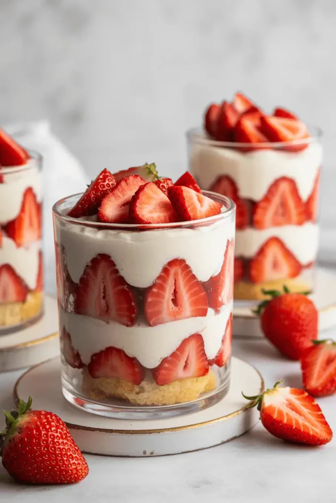 “strawberry shortcake layered in clear glass cups, visible layers of cake strawberries and cream, fresh bright lighting, airy romantic mood, professional food photography, no text, 2:3 vertical”