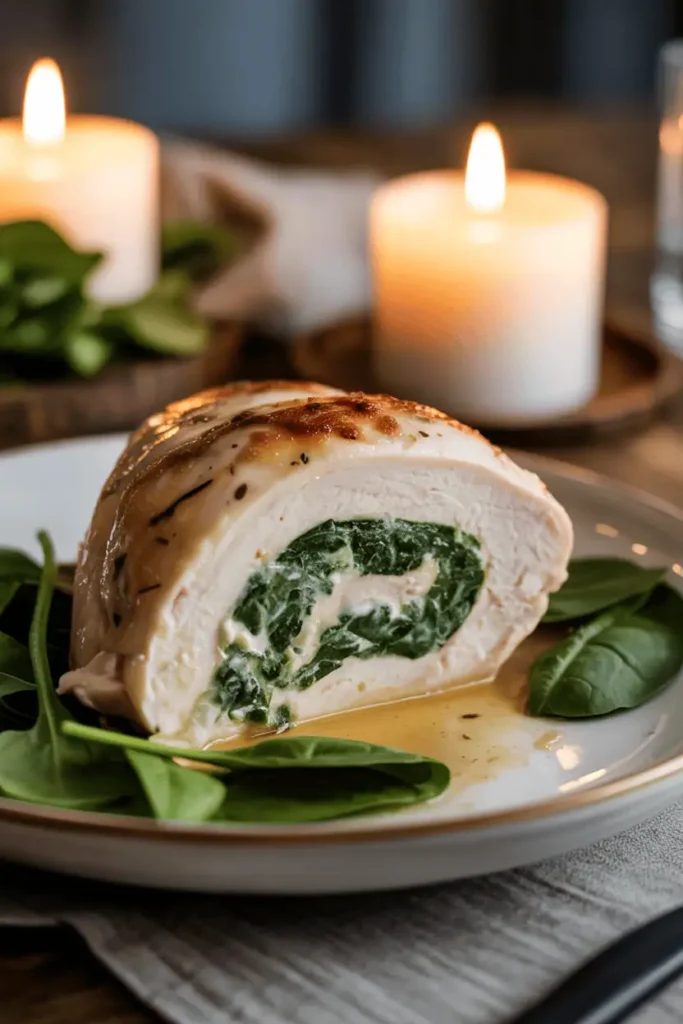 “stuffed chicken breast sliced open showing creamy spinach filling, plated elegantly, soft candlelight, neutral linen background, romantic home dinner atmosphere, professional food photography, photorealistic, no text, vertical 2:3”