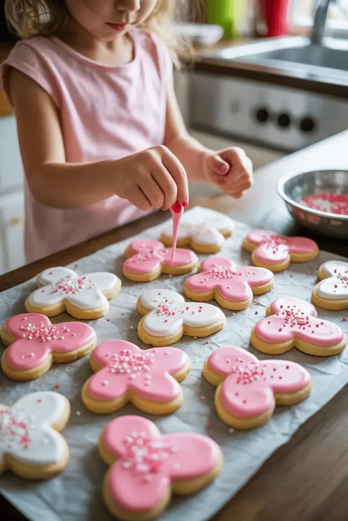 “Valentine sugar cookies decorated with pink and white icing and sprinkles, imperfect homemade look, kids decorating hands slightly visible, bright kitchen lighting, professional food photography, no text, vertical 2:3”