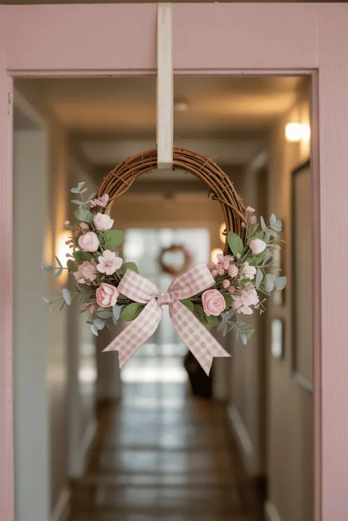 “Valentine’s wreath hanging on interior door with ribbon, soft neutral hallway, gentle lighting, cozy seasonal decor, beginner DIY style, realistic photography, no text, 2:3 vertical”