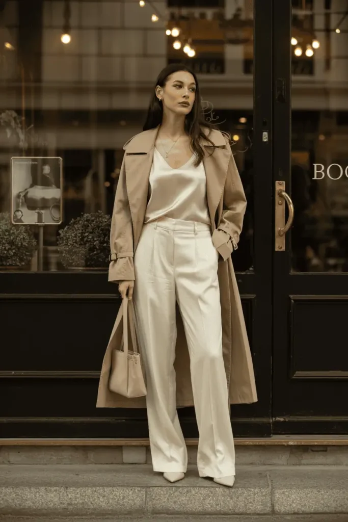 Woman wearing cream trousers, silk camisole, and beige trench coat. Neutral, classic “old money” aesthetic. Shot outside a boutique café or refined urban background. Soft elegant lighting.