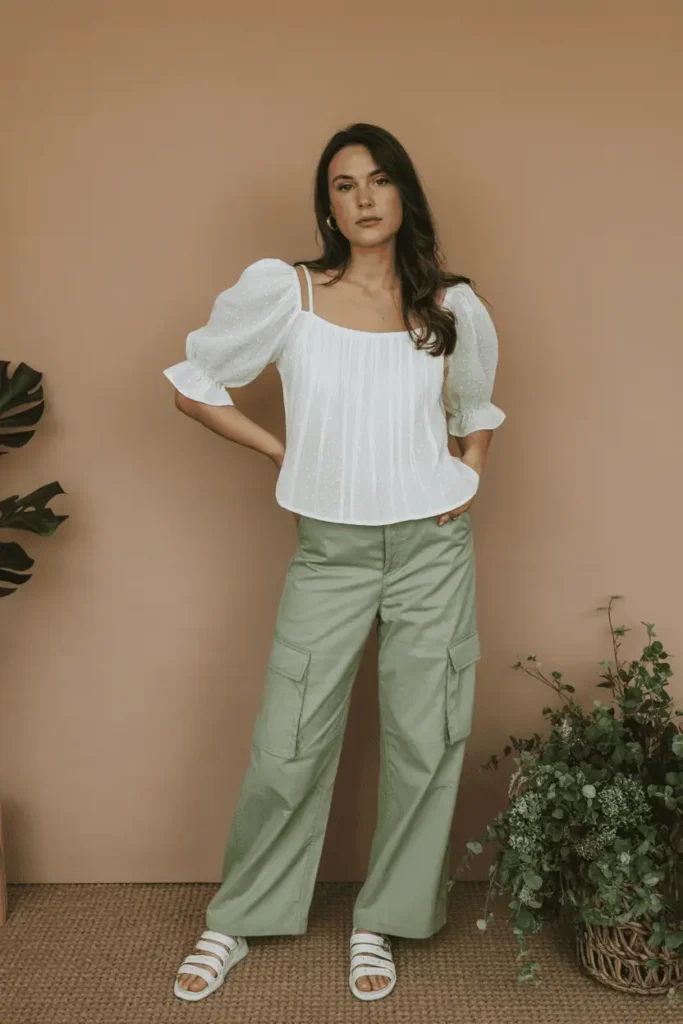 Woman wearing sage cargo pants paired with a romantic white puff-sleeve blouse. Neutral warm background with subtle greenery. Modern, balanced feminine + utility look.