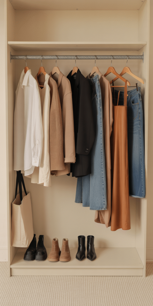 An open minimalist wardrobe with 10–15 coordinated pieces hanging neatly: white button-down shirt, beige sweater, black blazer, jeans, midi skirt, ankle boots, canvas tote bag, wooden hangers, neutral background, Scandinavian style room, soft light