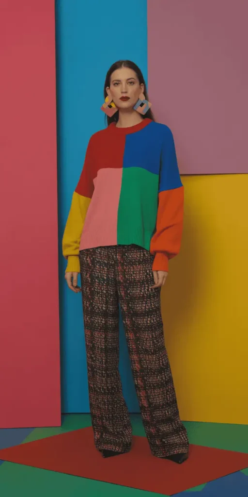 Artistic Maximalist: Colorblock Sweater + Patterned Trousers + Statement Earrings
