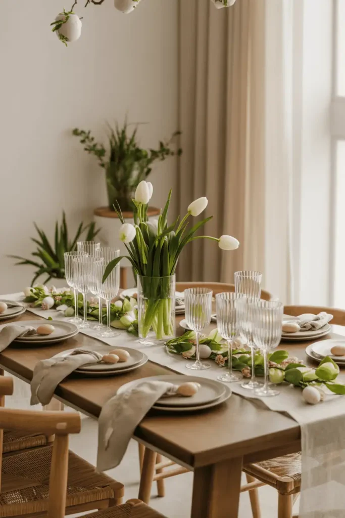 “casual spring Easter table ready for meal, decor spaced to allow serving dishes, uncluttered setup, neutral linens, soft daylight, warm inviting atmosphere, realistic photography, no text, 2:3 vertical”