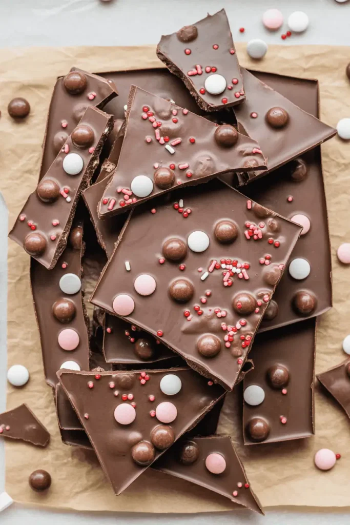 “chocolate bark broken into pieces with Valentine sprinkles and candies, rustic homemade texture, parchment paper background, bright daylight, fun messy look, professional food photography, no text, vertical 2:3”