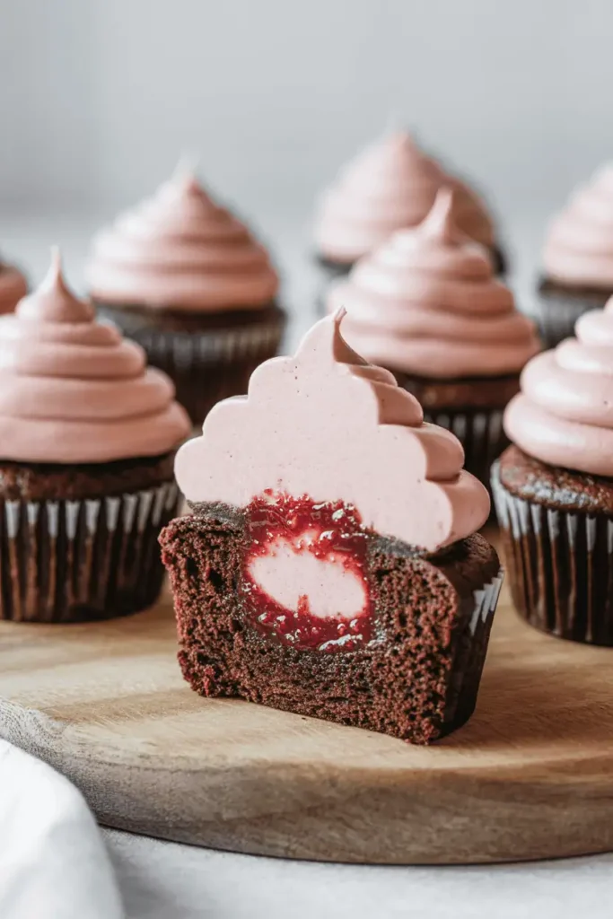 “chocolate cupcakes filled with raspberry jam, slight jam swirl visible, soft frosting, elegant but homemade look, natural daylight, photorealistic food photography, no text, vertical 2:3”