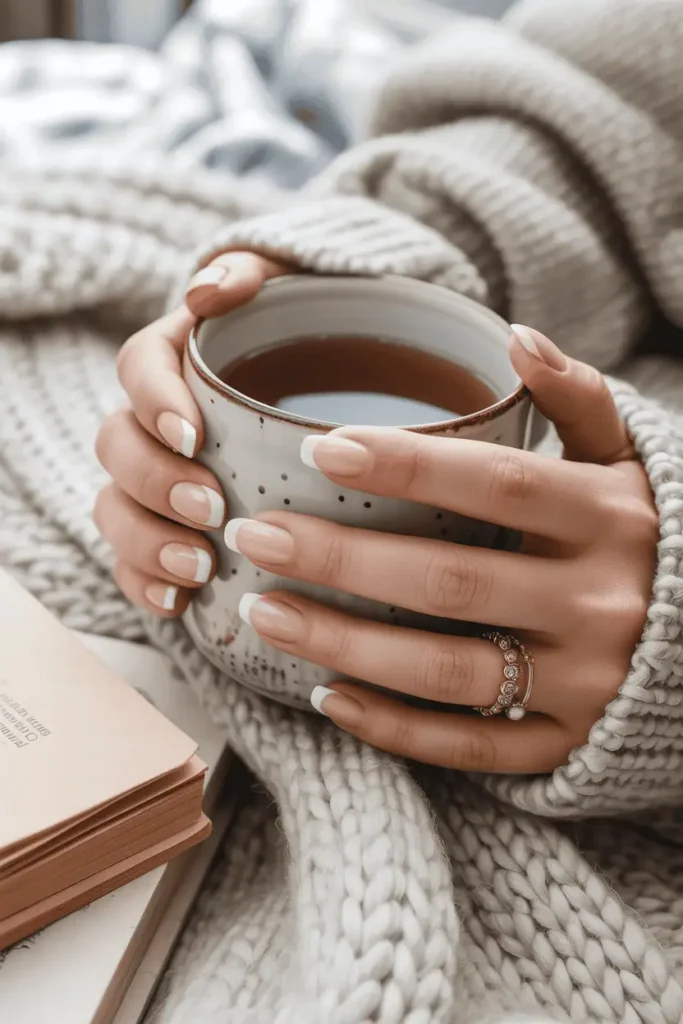 Classic French nails with soft shimmer holding a cup of tea, cream knit blanket background.