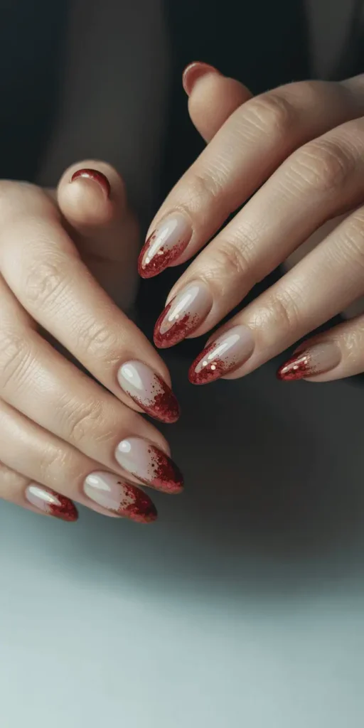 Clear nude base with red glitter concentrated at tips creating strawberry gradient effect, playful Valentine's nail art