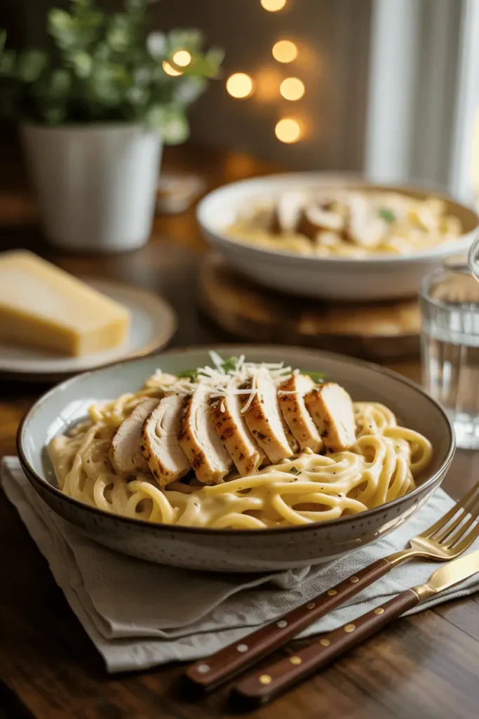 “creamy chicken alfredo pasta in bowl, sliced chicken breast, rich sauce coating pasta, parmesan sprinkled on top, warm romantic lighting, home dining table, professional food photography, photorealistic, no text, vertical 2:3”
