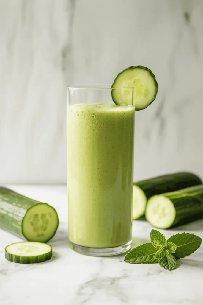 “cucumber mint green smoothie in tall glass, pale green color, cucumber slices and mint leaves nearby, bright fresh daylight, minimal clean styling, professional food photography, photorealistic, no text, vertical 2:3”