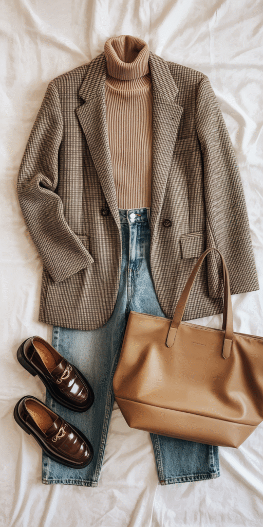A cozy fall outfit featuring a well-tailored blazer in a rich burgundy hue, paired with a soft turtleneck sweater in a complementary neutral tone. The straight-leg jeans in a classic indigo wash provide a sleek, streamlined base. The lighting is warm and inviting, with gentle shadows that accentuate the textures of the fabrics. The scene is captured in a three-quarter length shot, showcasing the entire ensemble against a backdrop of muted autumnal tones, lending a sense of seasonal elegance and timelessness. Flat lay of checkered blazer, fitted turtleneck (ivory or mocha), straight-leg jeans, leather loafers or ankle boots, and tote bag β polished and practical, ideal for smart casual looks