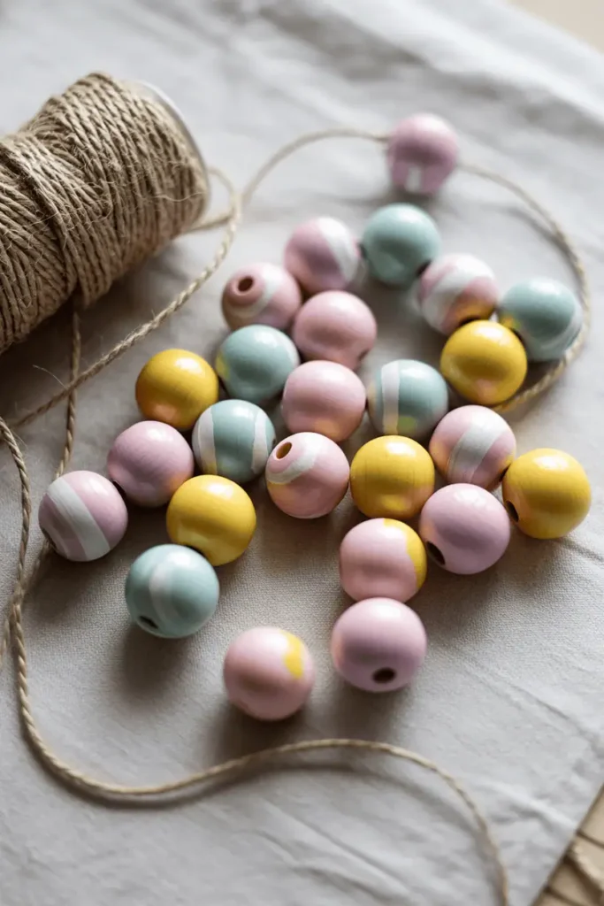 “hand-painted wooden beads in pastel spring colors laid on table, twine nearby, relaxed crafting setup, natural light, soft imperfect finish, realistic photography, no text, 2:3 vertical”