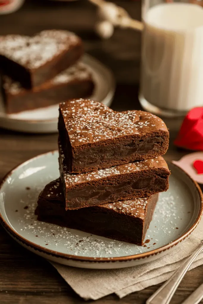 “heart-shaped chocolate brownies stacked on plate, rich fudgy texture, powdered sugar dusting, warm cozy lighting, Valentine dessert styling, professional food photography, no text, 2:3 vertical”