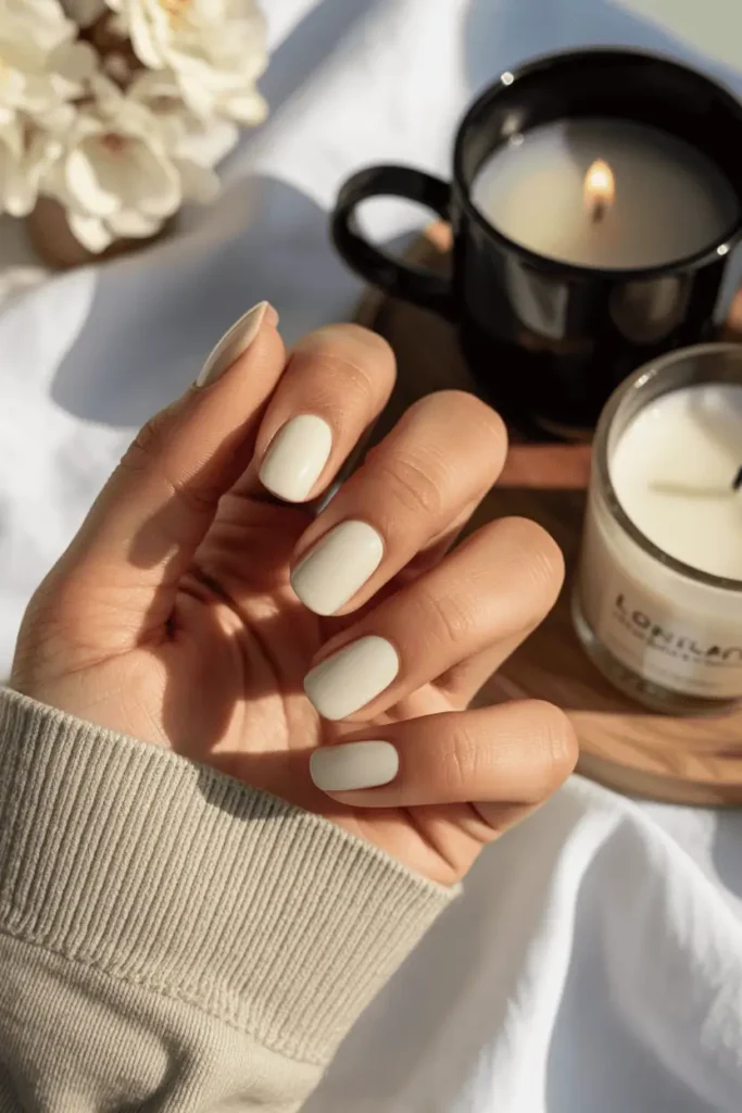 Ivory cream nails with glossy finish, clean elegant setup.