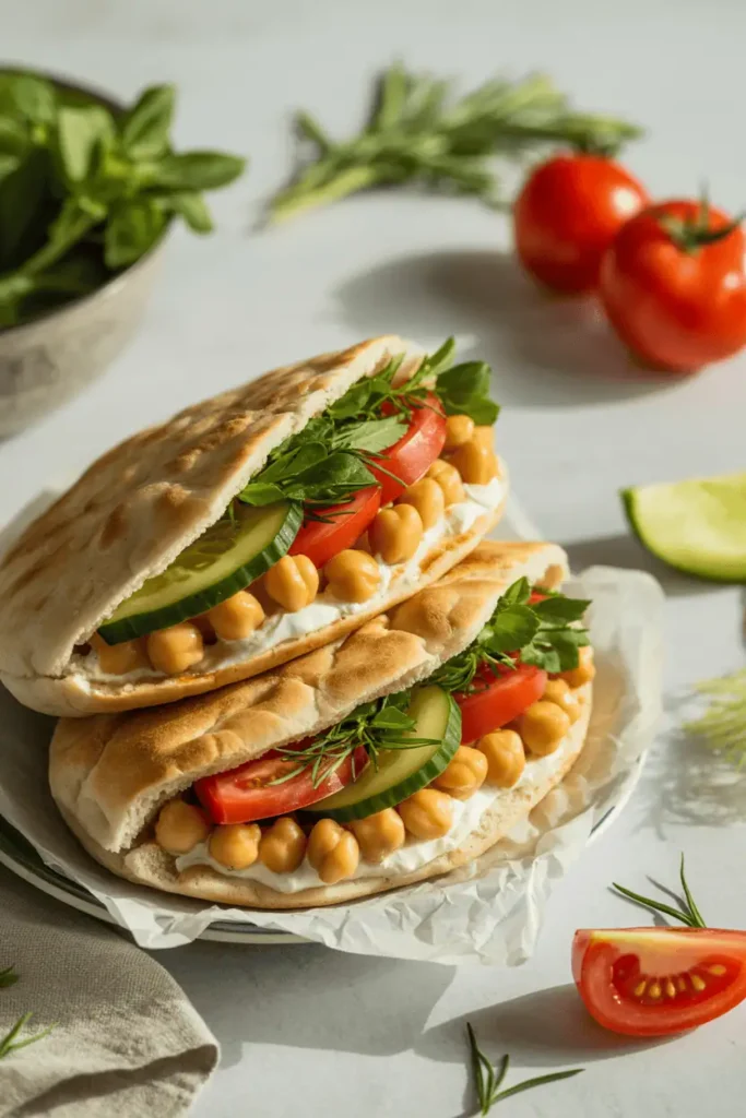 “mediterranean chickpea pita sandwiches filled with chickpeas cucumber tomato, fresh herbs, light lunch styling, bright natural light, clean background, professional food photography, photorealistic, no text, vertical 2:3”