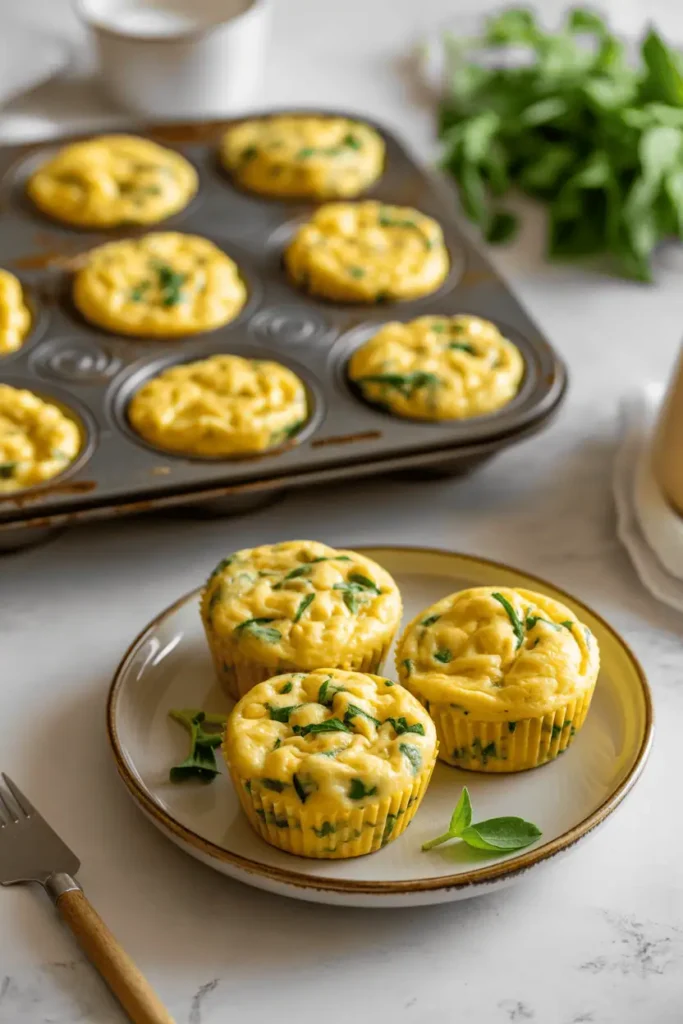 “mini egg muffins with herbs in muffin tin and on plate, green herbs visible, bright kitchen light, healthy brunch vibe, professional food photography, photorealistic, no text, vertical 2:3”