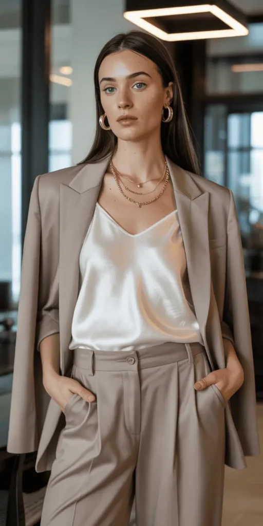 Ivory Silk Camisole Under Beige Blazer with Trousers