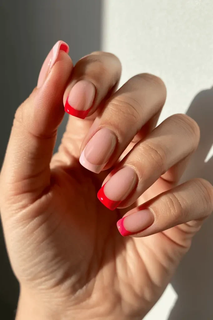 nude nails with dual-tone French tips (pink + red), precise clean lines, bright natural lighting, minimal aesthetic background, realistic hands