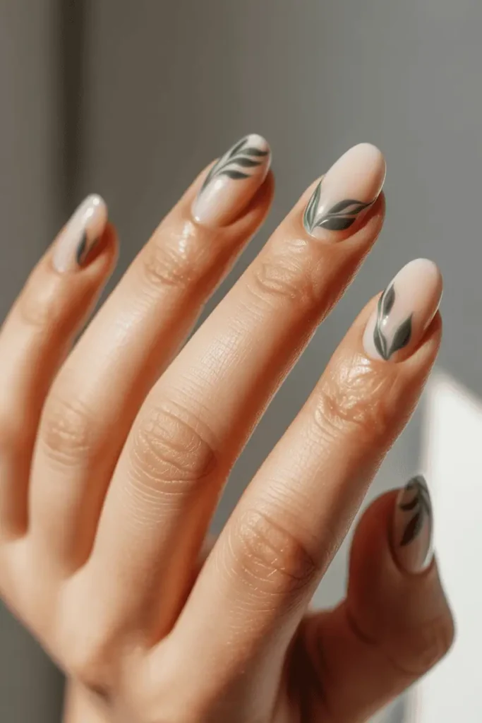 nude nails with green leafy floral accents, minimalist botanical nail art, soft spring aesthetic, short nails, clean neutral background, natural daylight, editorial nail photography, pinterest vertical 2:3 ratio, no text