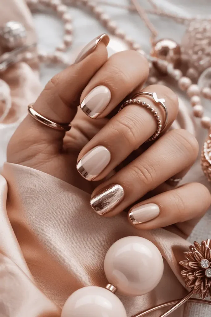Nude nails with rose gold chrome accents, soft warm light.