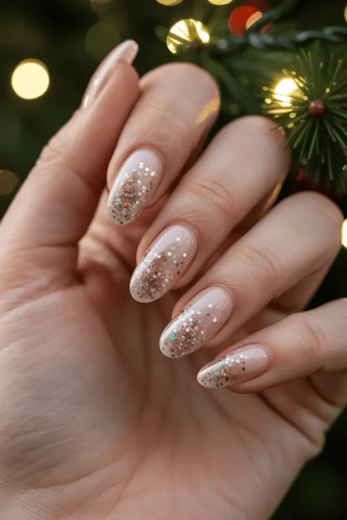 nude or clear base fading into multicolor glitter, smooth gradient, high sparkle, cozy festive background with Christmas lights, warm tones, realistic hands