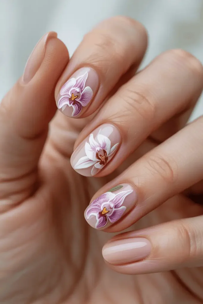 orchid and lily inspired nail art, sheer nude base with delicate hand-painted orchid and lily petals, soft pink and white tones, refined botanical aesthetic, light diffused background, elegant editorial beauty photography, macro nail focus, realistic skin texture, pinterest vertical 2:3, no text