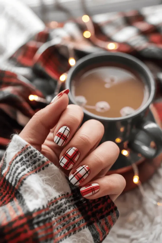 Plaid nail design with red, white, and black stripes, hands resting on flannel fabric, cozy lighting.
Pinterest hero photo, warm tones, soft focus, props: flannel blanket, hot drink, fairy lights.
