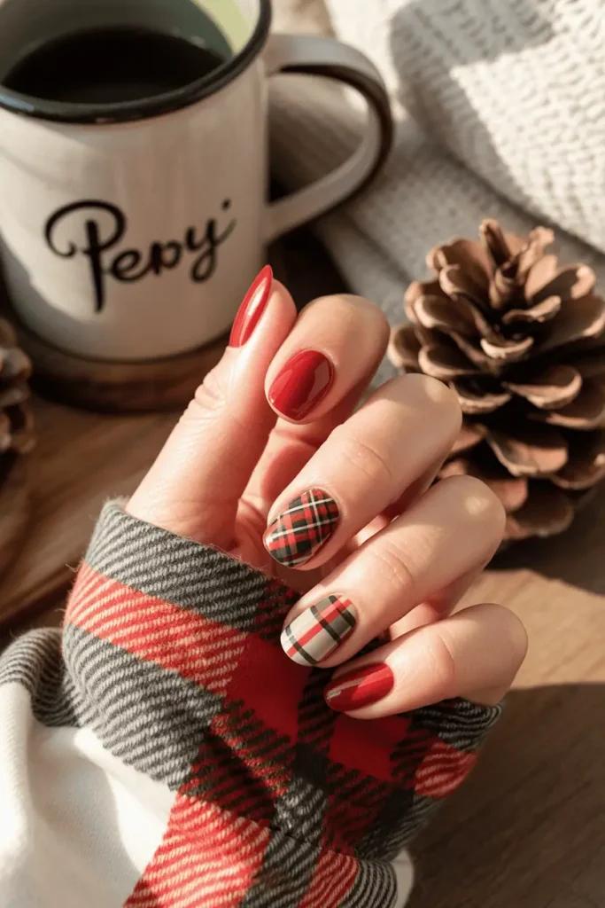 Red nails with one plaid accent, cozy home background, casual warm light.