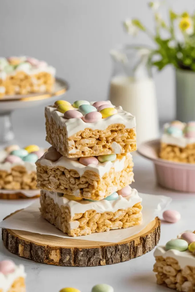 “rice krispie squares with pastel easter candies on top, cut into squares, bright spring light, simple homemade dessert styling, professional food photography, photorealistic, no text, vertical 2:3”