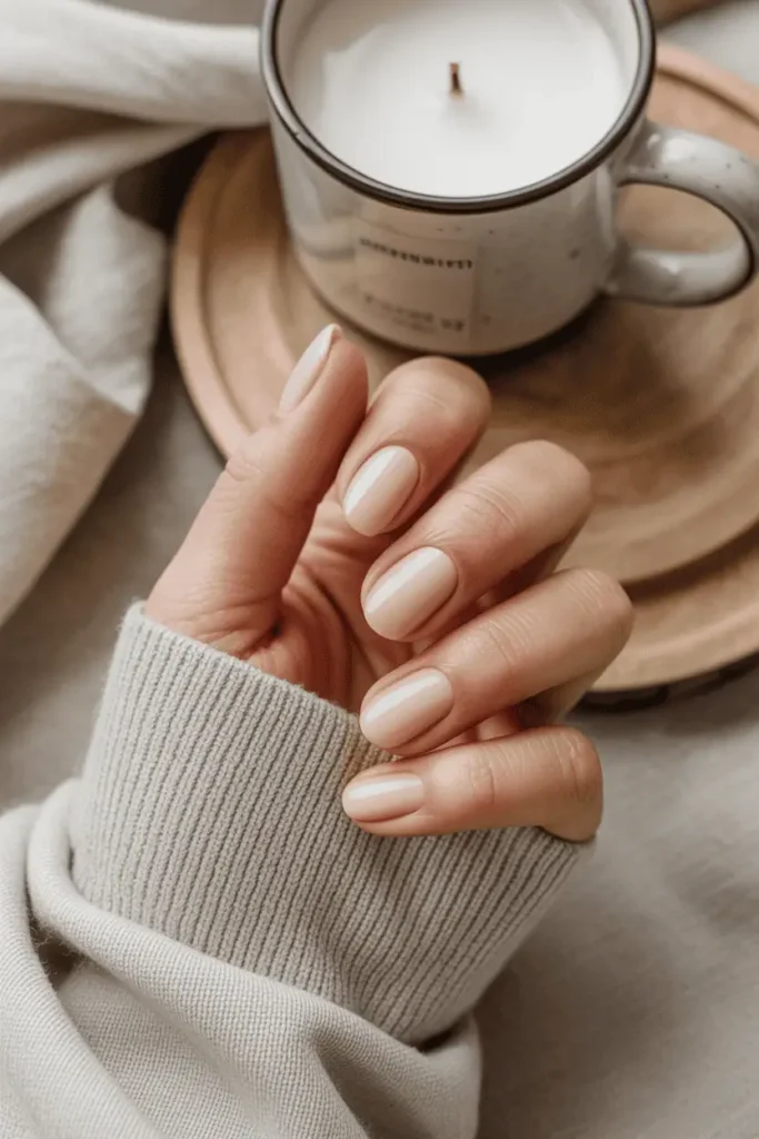 Sheer pink-beige nails, minimal and polished look, gentle soft daylight.
Pinterest hero photo, modern simplicity, neutral beige background, props: linen fabric, candle, mug.