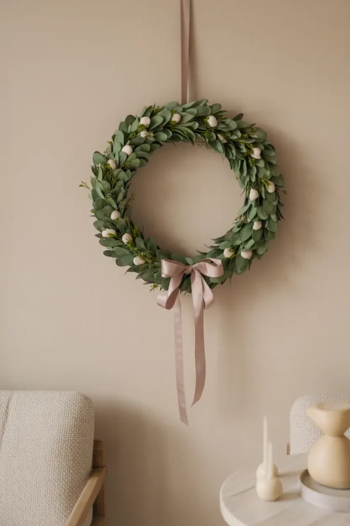 “simple elegant Valentine’s wreath with minimal decorations, clean styling, neutral wall, soft shadows, restrained design, calm polished handmade look, realistic interior photography, no text, 2:3 vertical”