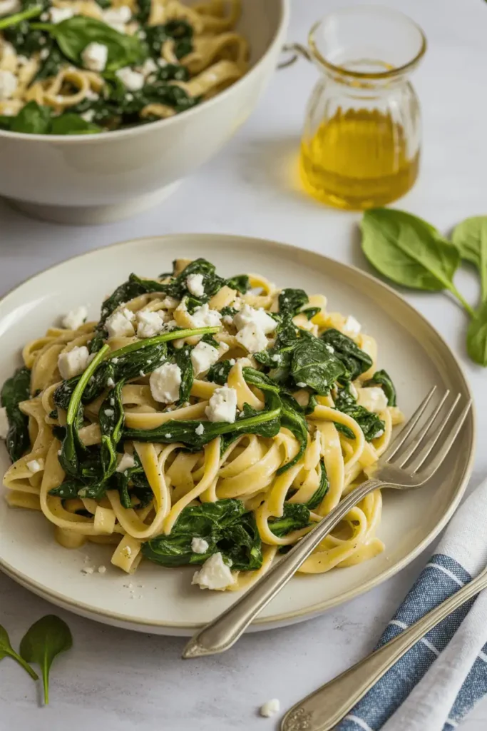 “spinach feta pasta with wilted greens and crumbled feta, light olive oil base, fresh spring colors, clean home dinner styling, professional food photography, photorealistic, no text, vertical 2:3”