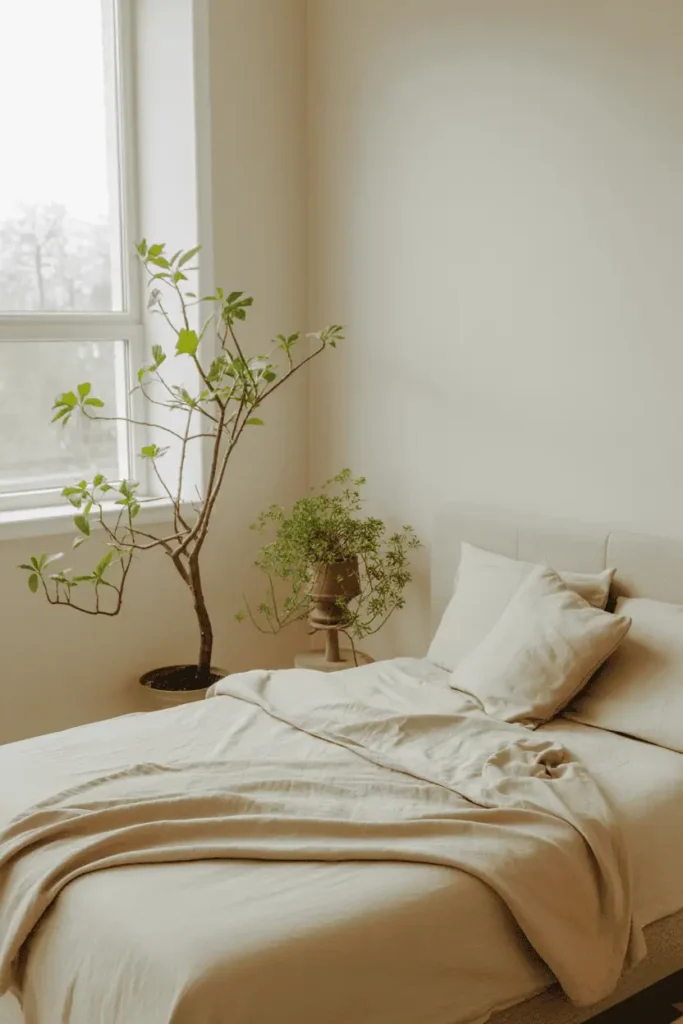 “spring bedroom with indoor plant near window, soft green leaves, neutral bedding, natural light, peaceful organic atmosphere, minimal decor, realistic interior photography, no text, 2:3 vertical”