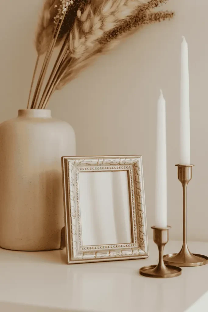 “spring home decor scene with small gold and brass accents (frame, candle holder), light neutral background, warm natural light reflecting off metal, elegant calm luxury style, realistic photography, no text, 2:3 vertical”