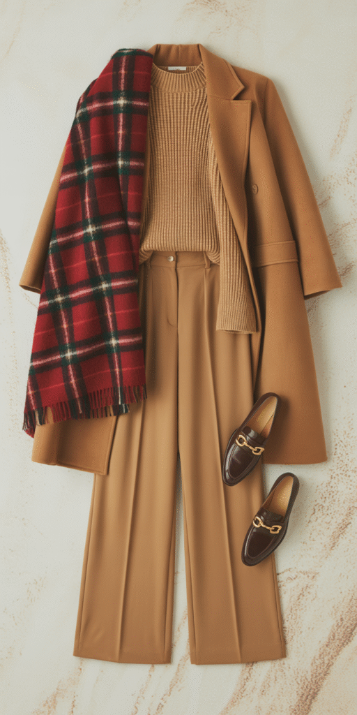 A finely tailored, monochromatic camel outfit, featuring a belted trench coat, wide-leg pants, and polished leather boots. A large, statement scarf in a rich, earthy tone is draped elegantly around the model's neck, adding a touch of luxurious texture. Soft, diffused lighting illuminates the ensemble, casting gentle shadows and highlighting the high-quality materials. The model stands confidently against a muted, minimalist background, conveying a sense of refined, autumnal style. The overall mood is one of cozy sophistication, perfectly embodying the essence of a chic, fall outfit. Stylish flat lay of camel wide-leg pants, matching camel sweater, and structured coat, with a bold statement scarf in burgundy plaid or jewel tones β gold jewelry and loafers added, warm editorial lighting