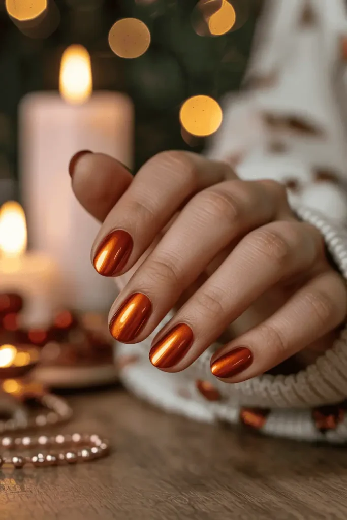 warm copper metallic nails, rich glowing copper finish, cozy holiday background with candlelight tones, warm illumination, realistic hands